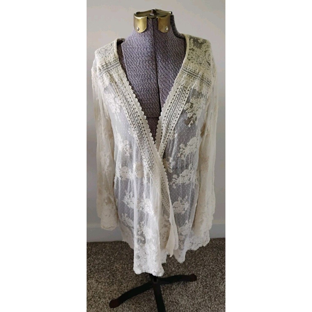 Sundance Open Front Cardigan Jacket Lace Antique White Cream Boho Petite L EUC